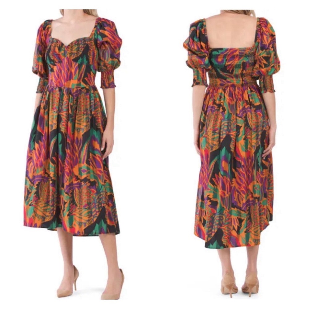 HOUSE OF HARLOW 1960 Cottagecore Balloon Sleeve Smocked Midi Peasant Dress XS